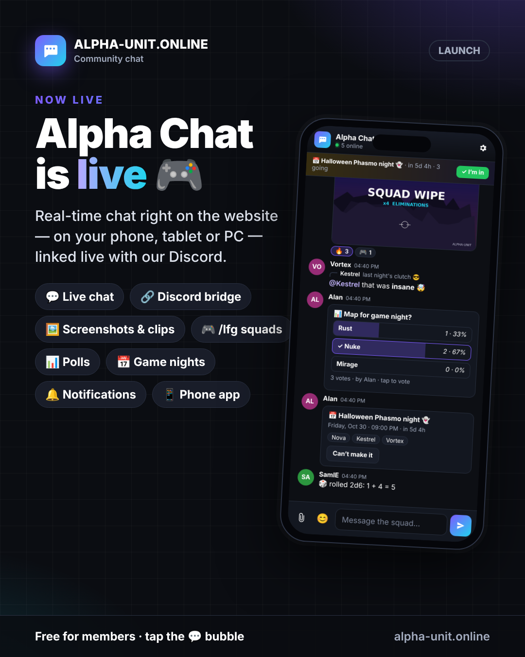 Alpha Chat is live: chat on the site, linked with our Discord